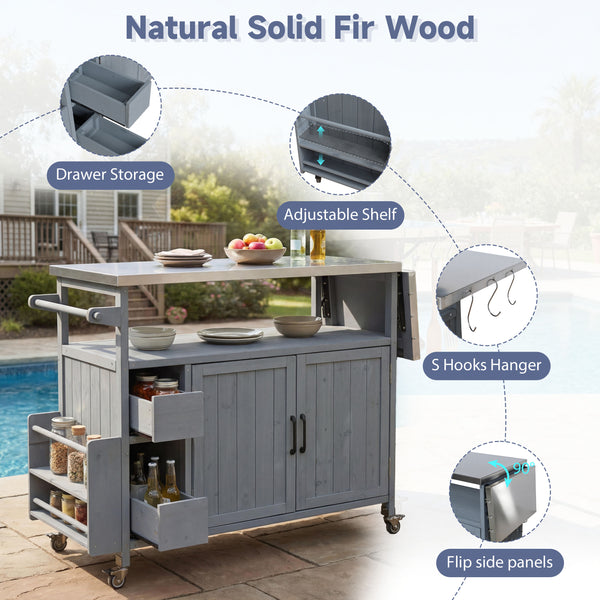 English Elm 54.33" Farmhouse Outdoor Kitchen Cart Solid Fir Frame Steel Top Storage Bbq Prep N767P379702C