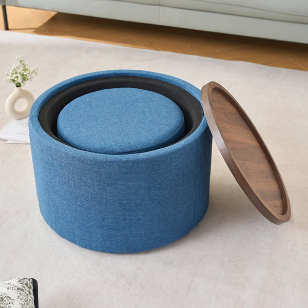 English Elm Ball Cast Round Nesting Ottoman Set Linen Upholstered Hidden Storage with Wooden Tray Blue W3163P379374