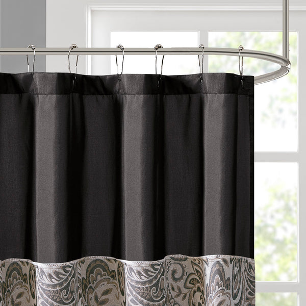 JLA Home Madison Park - Jacquard textured paisley shower curtain with contrasting top stripe, durable polyester, machine washable Black MP70-845