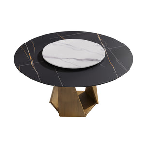 English Elm 59.05" Round Marble Dining Table With Elegant Bronze Base, Turntable For 6-8, Durable & Stylish Design W1535S00415