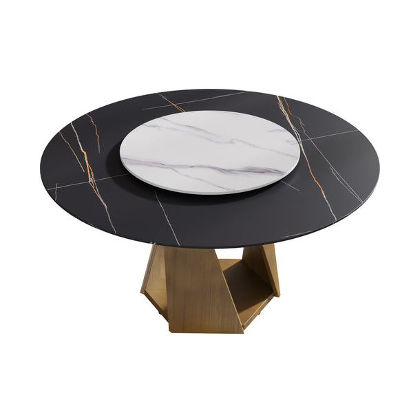 English Elm 59.05" Round Marble Dining Table With Elegant Bronze Base, Turntable For 6-8, Durable & Stylish Design W1535S00415