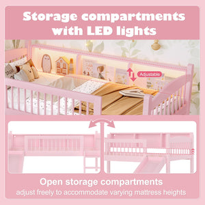English Elm Twin Xl Solid Pine Loft Bed with Built-in Led Lighting and Storage Shelves Pink W1580S00365