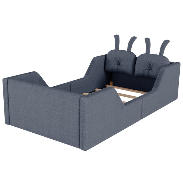 English Elm Twin Kids Platform Bed Teddy Fabric Upholstered with Bunny Cushions and Safety Rails Gray W2593P395809