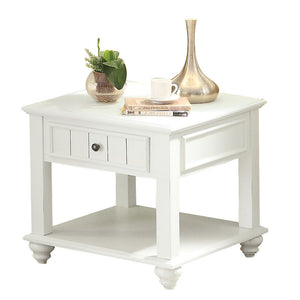 English Elm White Washed End Table with Drawer and Open Shelf, Trim Molding, Classic Square & Bun Legs, Timeless Elegance B062P191044
