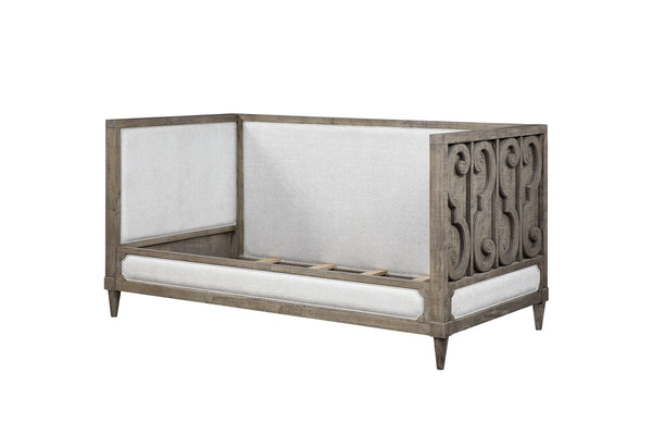 English Elm Artesia Tan Upholstered Twin Daybed with Scrolled Inlay, 13-Slat Support, Durable Composite Build B2726S00282