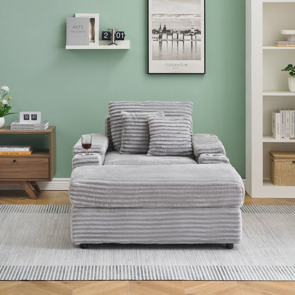English Elm This Corduroy Single Seat Armchair with Storage Ottoman and Built-in Cup Holders Gray W1278S00077