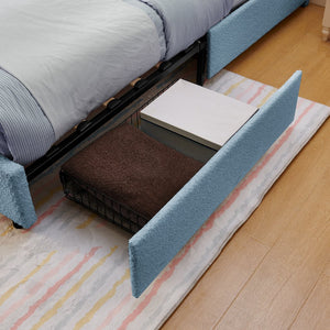 English Elm Queen Boucle Upholstered Kids Bed with Rabbit Ear Headboard Led Lighting Storage Drawers Navy W1413P384928