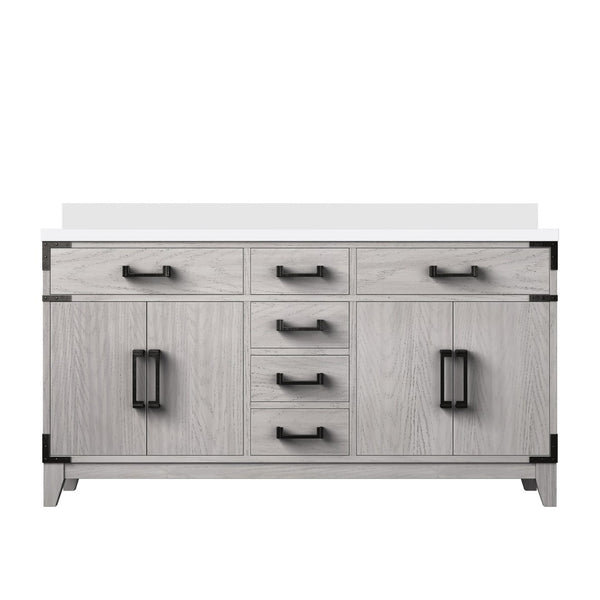English Elm White Oak Double Bath Vanity 60" W X 22" D, Elegant White Quartz Top & Ample Storage Solutions B2731P259868-GIGA
