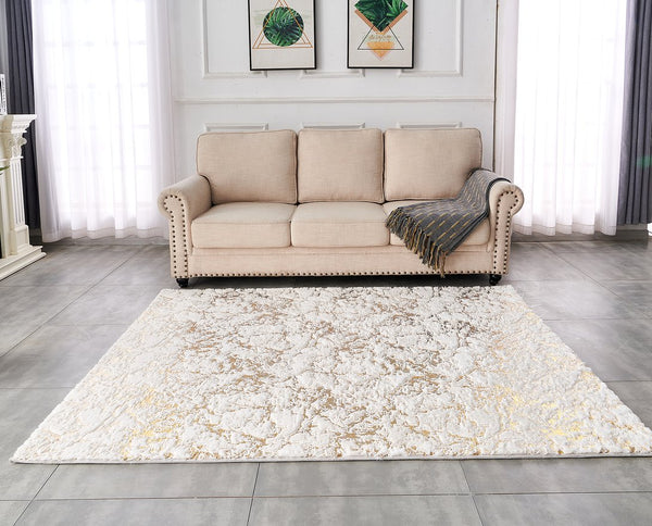 English Elm Luxury Faux Fur Area Rug - Plush White & Gold-Gilded Abstract Design, Machine Washable & Durable B030P233662