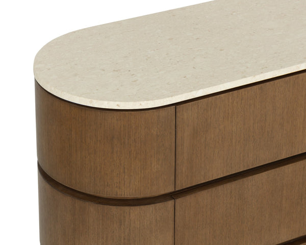 Sunpan CALDORA Dresser - Sculptural Oak-Veneer Design with Polished Marble Top & Soft-Closing Drawers 112890