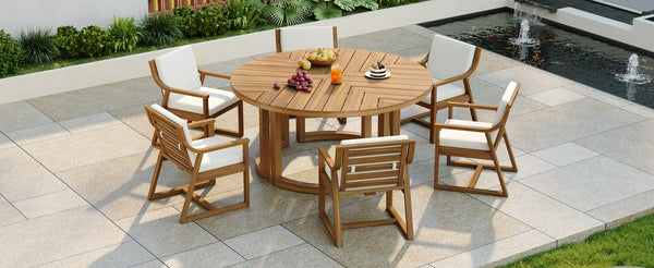 English Elm Trexm Outdoor Acacia Wood Round Dining Set Seats Six with Cushioned Chairs and Umbrella Hole Light Teak TM000027AAD