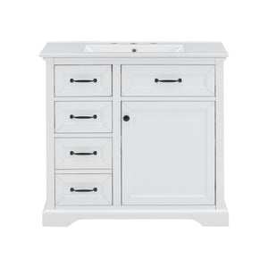 English Elm 36-Inch Modern Bathroom Vanity with Ceramic Basin, 4 Drawers & Soft-Close Door, Pre-Drilled Faucet Ready, Durable MDF and Solid Wood Construction (36"L x 18.3"W x 33.4"H) White N725P296118K