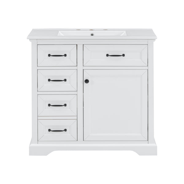 English Elm 36-Inch Modern Bathroom Vanity with Ceramic Basin, 4 Drawers & Soft-Close Door, Pre-Drilled Faucet Ready, Durable MDF and Solid Wood Construction (36"L x 18.3"W x 33.4"H) White N725P296118K