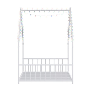 English Elm Twin iron roof bed frame with LED light strips for kids, sturdy 350lb capacity, easy 30-min assembly White W1820P308330