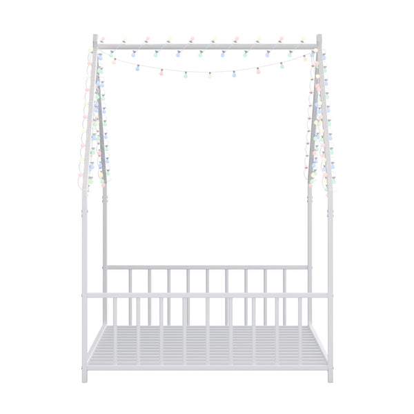 English Elm Twin iron roof bed frame with LED light strips for kids, sturdy 350lb capacity, easy 30-min assembly White W1820P308330