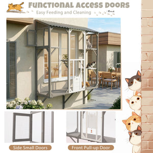 English Elm Outdoor Fir Wood Window Catio Enclosure with Four Climbing Platforms for Cats Grey,White N719P418371K