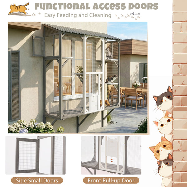 English Elm Outdoor Fir Wood Window Catio Enclosure with Four Climbing Platforms for Cats Grey,White N719P418371K
