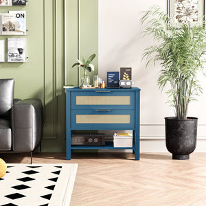 English Elm Rattan Front Boho Coastal Nightstand with Gold Pulls Open Shelf and Woven Drawer Accents Turquoise T3210P471549