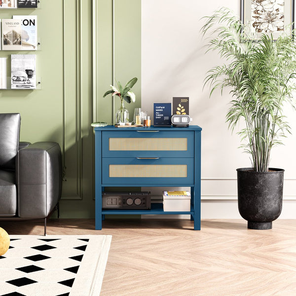 English Elm Rattan Front Boho Coastal Nightstand with Gold Pulls Open Shelf and Woven Drawer Accents Turquoise T3210P471549