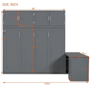 English Elm Queen Size Wall Murphy Bed With Desk, Storage Cabinets & Hydraulic Lift – Elegant Gray Design N820S10034E-GIGA