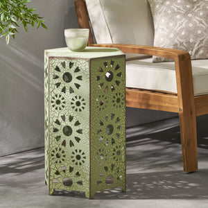 English Elm Galore Iron Patio Side Table with Sunburst Cutout and Crackle Finish for Outdoor Lounging Green 60815.00CGRN
