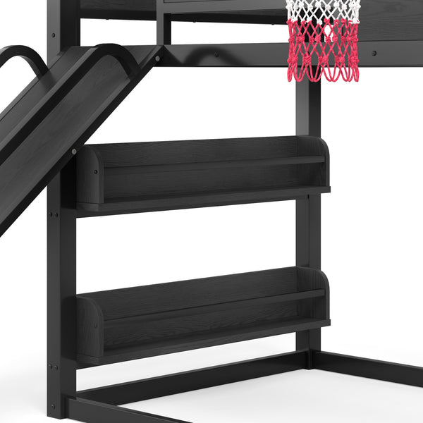 English Elm Twin Xl Metal Loft Bed with Climbing Wall Slide Basketball Hoop and Bookshelves W1580S00588