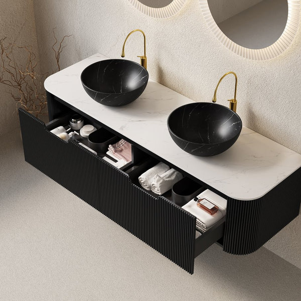 English Elm Dina 60 Inch Floating Bathroom Vanity Sintered Stone Top Dual Glass Basins Wood Grain Black,White W2615S00267