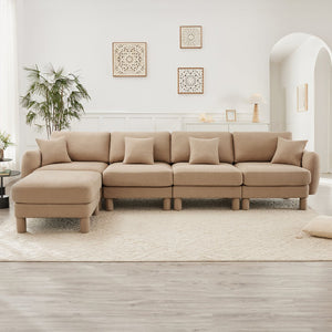 English Elm Boucle 4-Seater Convertible L-Shape Sectional Sofa With Shell-Shaped Armrests & Removable Ottoman W3041S00288