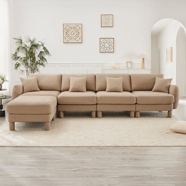 English Elm Boucle 4-Seater Convertible L-Shape Sectional Sofa With Shell-Shaped Armrests & Removable Ottoman W3041S00288