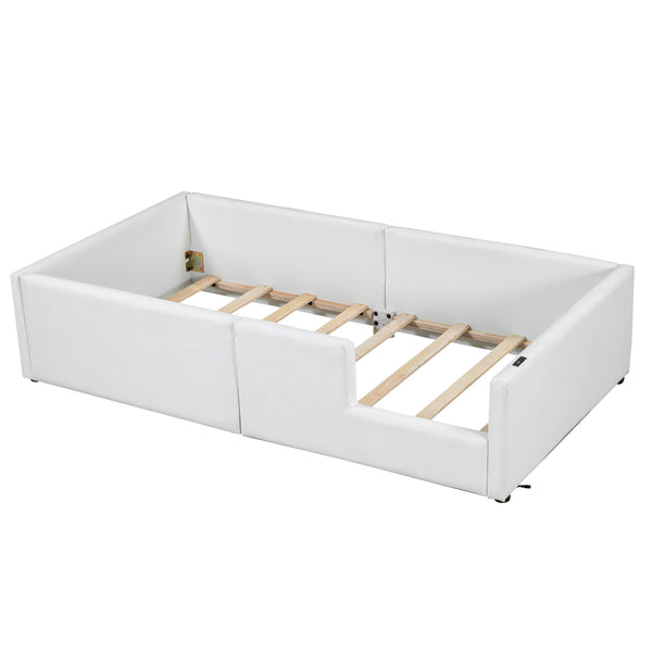 English Elm Twin Upholstered Platform Bed with Guardrail and Built-In Charging Station, Modern Sleek Design for Small Spaces White N709P186347K