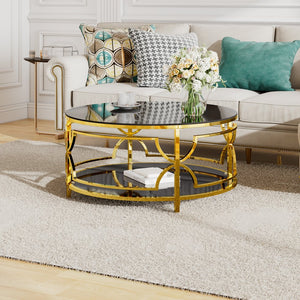 English Elm Round Tempered Glass Coffee Table with Gold Geometric Metal Base and Open Storage Shelf Black N735P396530B