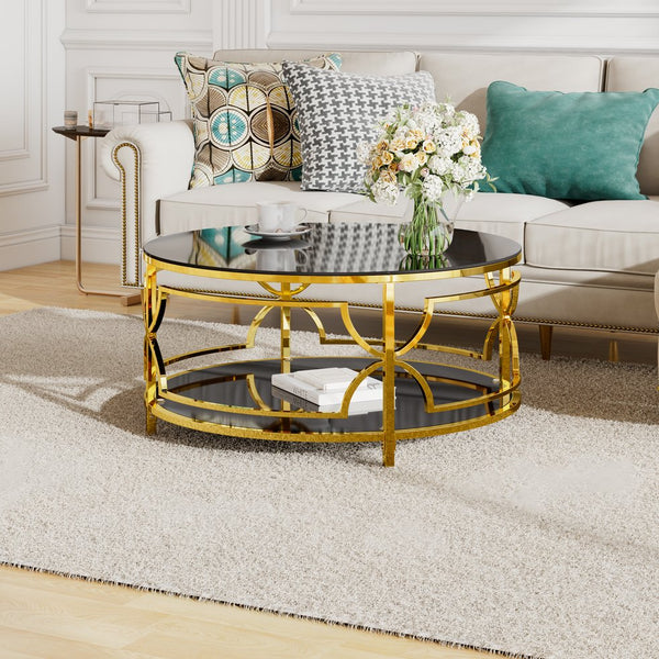 English Elm Round Tempered Glass Coffee Table with Gold Geometric Metal Base and Open Storage Shelf Black N735P396530B