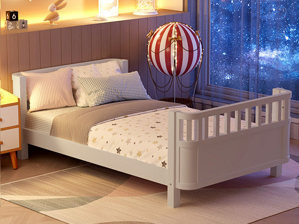 English Elm Twin Low Profile Pine Wood Kids Bed with Safety Rails and Fence Style Headboard W2593P367041