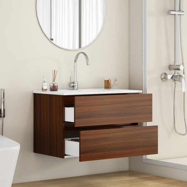 English Elm 32-Inch Wall-Mounted Bathroom Vanity With Soft-Close Drawers, Ceramic Sink, Walnut Finish, Easy Install W3151S00040