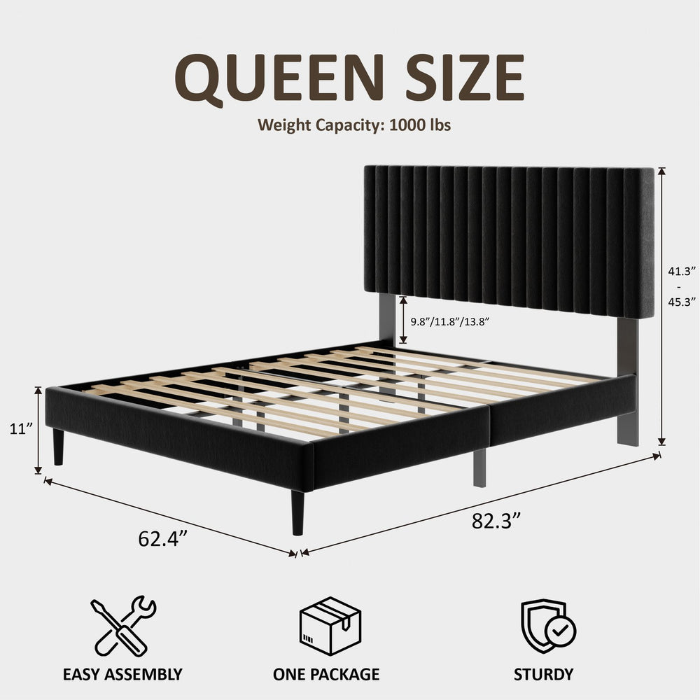 English Elm Queen Velvet Tufted Platform Bed Adjustable Headboard Steel Frame No Box Spring Black W5239P502686