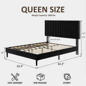 English Elm Queen Velvet Tufted Platform Bed Adjustable Headboard Steel Frame No Box Spring Black W5239P502686
