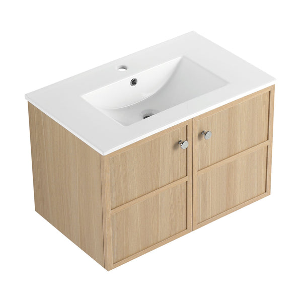 English Elm 30" Oak Wall-Mounted Bathroom Vanity with Ceramic Sink, 2 Soft-Closing Doors, Plywood Build, Space-Saving Design W1972S00022