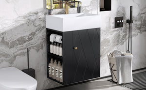 English Elm 20 Modern Wall-Mounted Bathroom Vanity with Ceramic Sink, Diamond Door, Gold Handles & Shelves — Compact Black N725P314033B