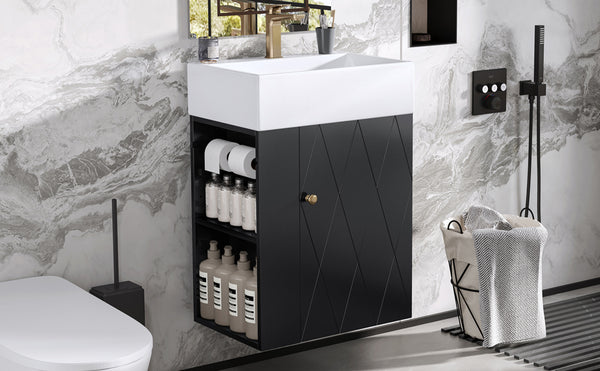 English Elm 20 Modern Wall-Mounted Bathroom Vanity with Ceramic Sink, Diamond Door, Gold Handles & Shelves — Compact Black N725P314033B