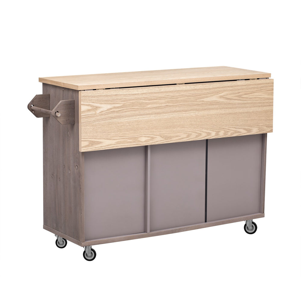 English Elm K&K Farmhouse Kitchen Island with Geometric Twill Doors, ASH Bark Top, Drop Leaf & Lockable Wheels Brown N707P221444Z