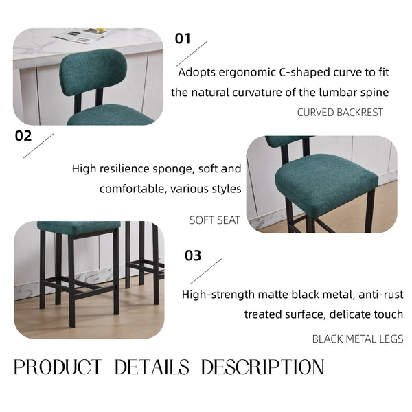 English Elm Bar Stools Set of 2 Upholstered Fabric Seat with Foam Cushion Black Metal Legs W3244P310204