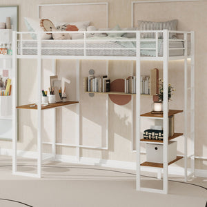 English Elm Iron framed bunk bed with L-shaped study desk and dual-side stairs, space-saving durable design White W1935P330796