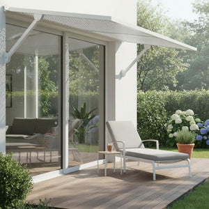 English Elm Haze Aluminum Exterior Awning White Powder Coat Finish for Entryways and Windows B2755P462230