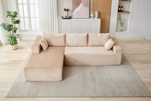 English Elm Compression Modular L-Shaped Sectional Couch With Cozy Chaise – Stylish Beige Corduroy Sofa For All Spaces W3723S00002