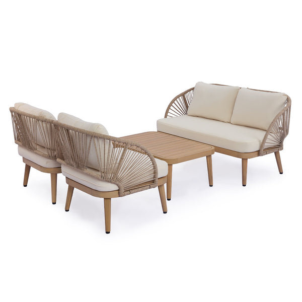 English Elm 4-piece Acacia Outdoor Lounge Set with Rope Woven Arms Slatted Table and Cushions N767P368978L