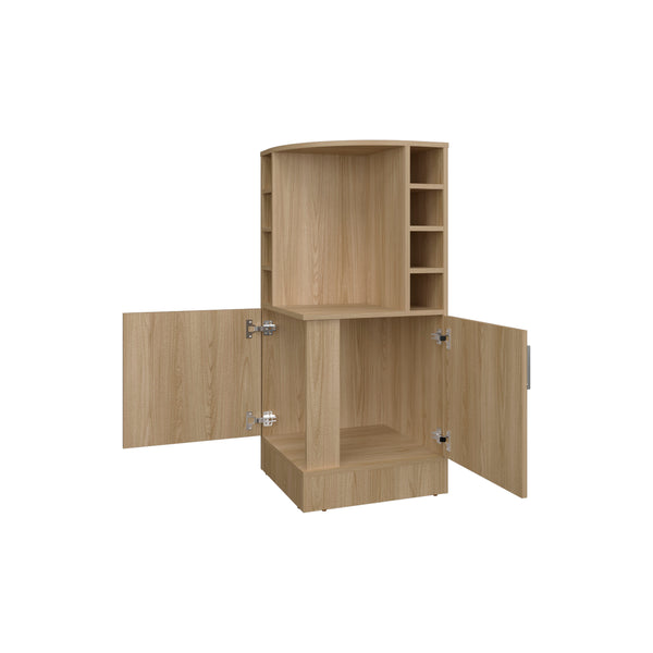 English Elm FM Corner Bar Cabinet with 8-Bottle Rack, Open Display Shelves and Hidden Storage for Home Entertaining Natural Wood 47.2 L x 23.2 W x 4.7 H B128P269880