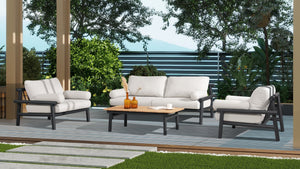 English Elm Zara 47" Dowel Frame Patio Coffee Table With Teak Top, Black & Natural Aluminum & Teak