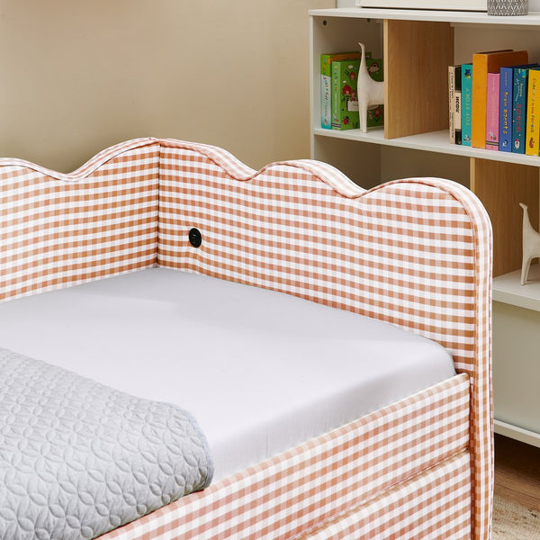 English Elm Twin Gingham Linen Daybed with Wave Silhouette Usb Port and Dual Storage Drawers Pink W1413S00142