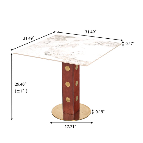 English Elm Modern Square Dining Table - 33.5" Sintered Stone Top With Wooden Legs & Gold Base For 2 People W1535S00583