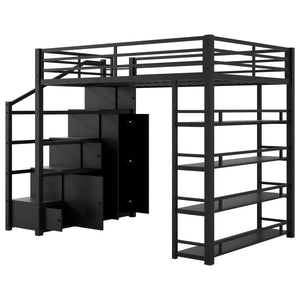 English Elm Queen Metal Loft Bed with Wardrobe Shelves and Staircase Storage in Matte Black N7090004203B